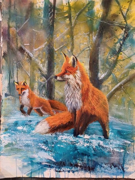 SOLD - Tail of Two Foxes - ON EXHIBIT AT Evan Gallery Penrith - Painting in Mixed Media on Archers Cotton Rag Paper - 765mm x 570mm