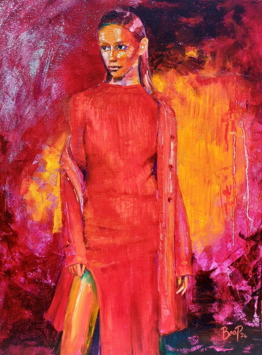 Red Raincoat - Painting in Oil on Canvas - 610mm x 460mm